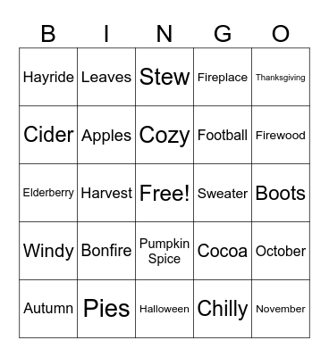 All Things Fall Bingo Card