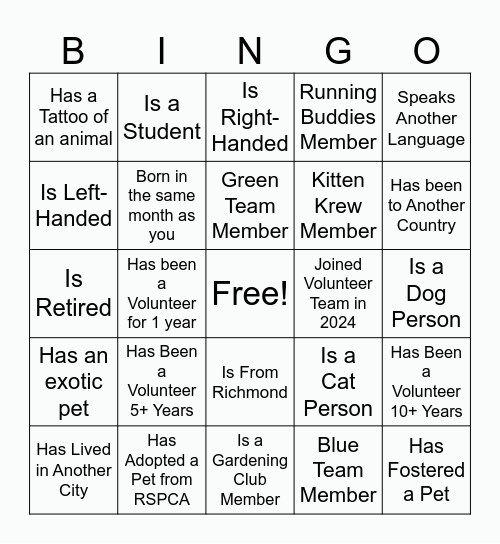 Volunteer Bingo Card