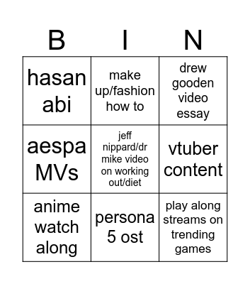 puff's youtube recs Bingo Card