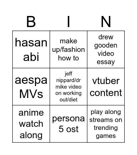 puff's youtube recs Bingo Card