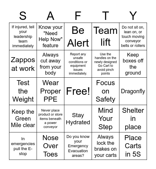 DSW5 Safety BingoKeep dock areas clear of clutter and debris. This prevents slips/trips/falls Bingo Card