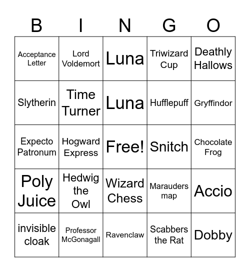 Harry Potter Bingo Card