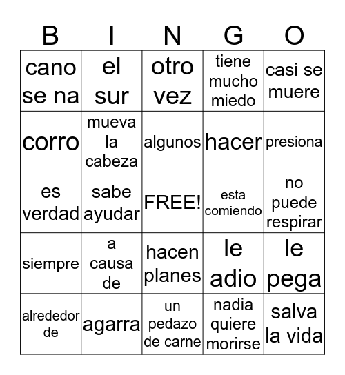 spanish words Bingo Card