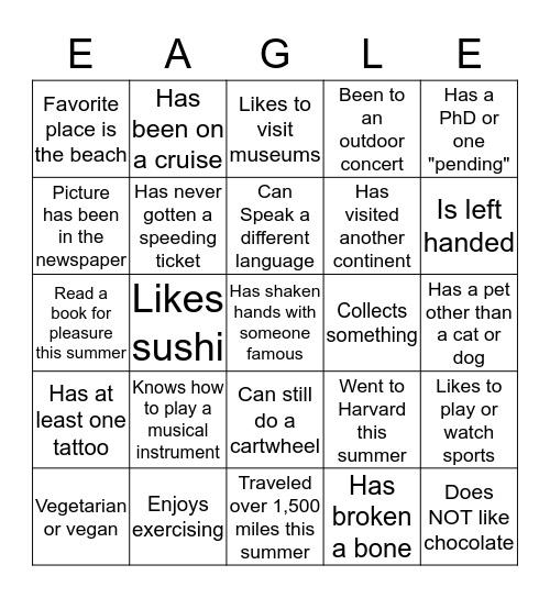 Who are we?  Eagles! Bingo Card