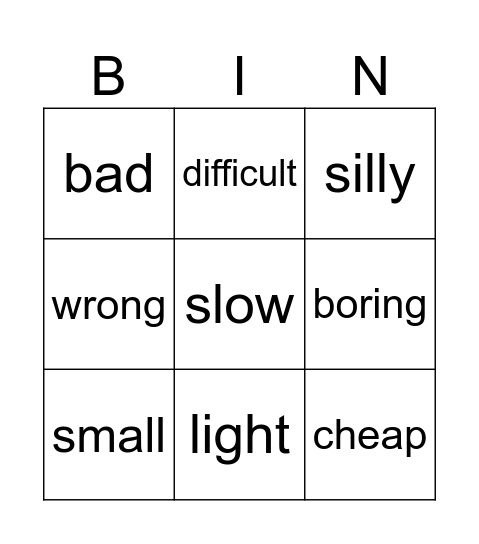 Opposite adjectives Bingo Card