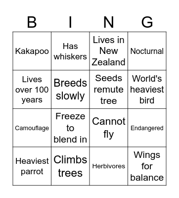 Kakapo Facts Bingo Card