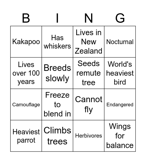 Kakapo Facts Bingo Card