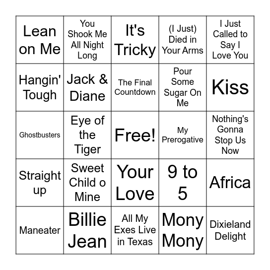 80s Hits Bingo Card