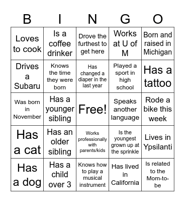 Franz Baby Sprinkle Bingo Card