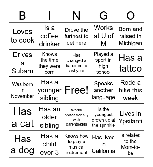 Franz Baby Sprinkle Bingo Card