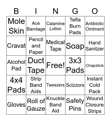 First Aid Kit Supplies Bingo Card