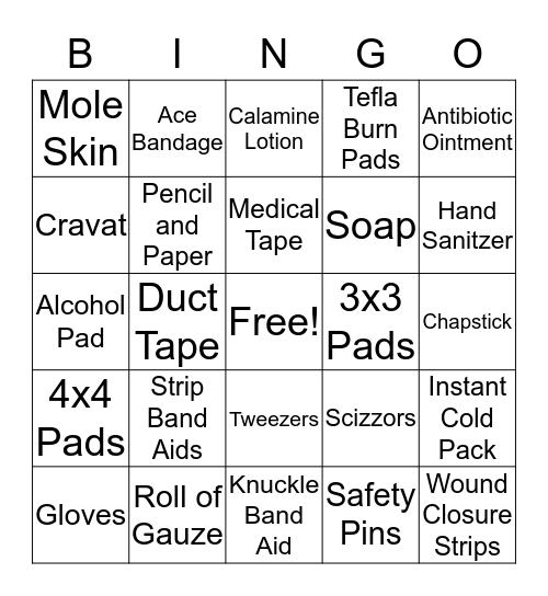 First Aid Kit Supplies Bingo Card