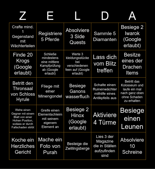 Zelda Bingo of the Wild Bingo Card