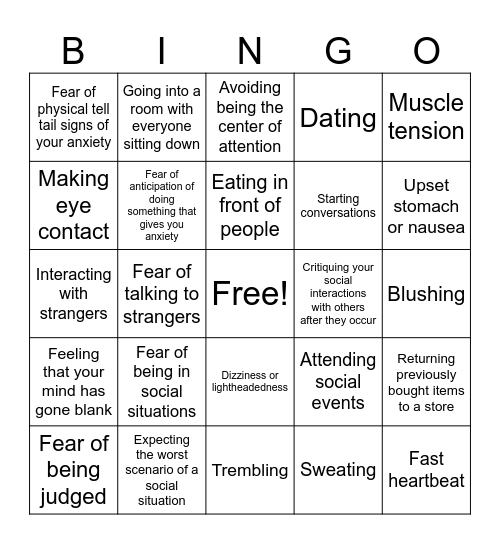 Social Anxiety Bingo Card