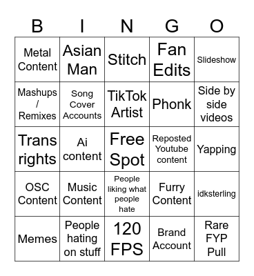 Tiktok Bingo Card