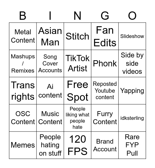 Tiktok Bingo Card