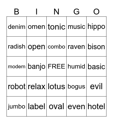 Mixed Open and Closed Syllables Bingo Card