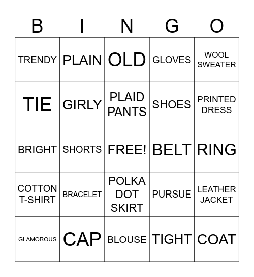CLOTHES AND STYLES BINGO Card