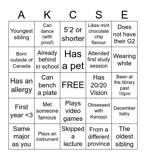 AKCSE Bingo Card