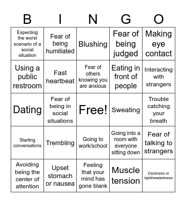 Social Anxiety Bingo Card