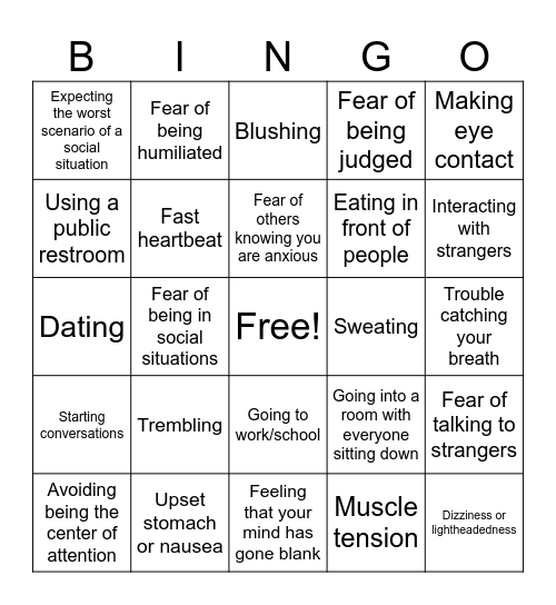 Social Anxiety Bingo Card