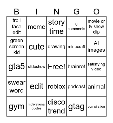 Youtube bingo Card