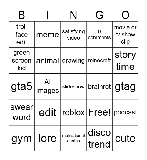 Youtube bingo Card