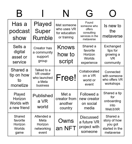 Web3/XR Social BINGO Card