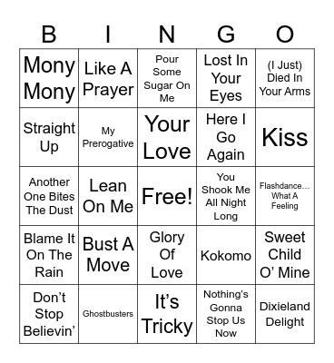 80's Hits Bingo Card