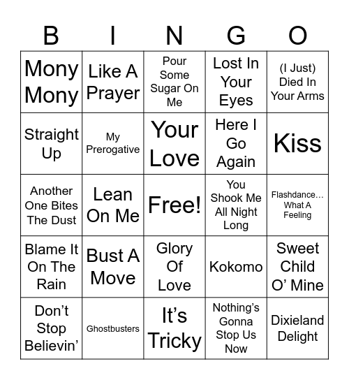 80's Hits Bingo Card