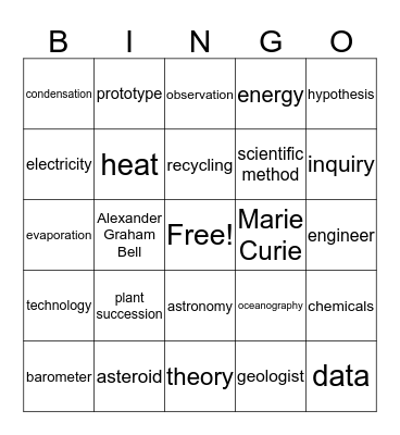 SCIENCE BINGO Card