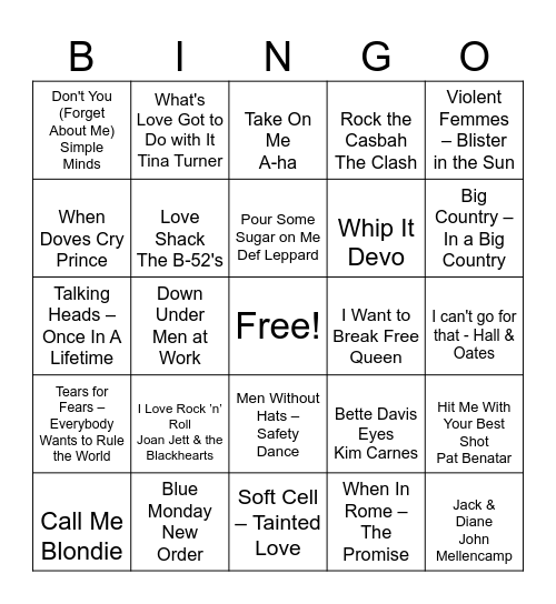 80's songs bingo list 2 Bingo Card