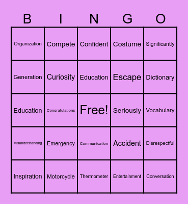 Multisyllabic words Bingo Card