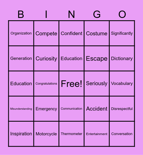 Multisyllabic words Bingo Card