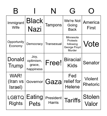 VP Debate Bingo October 1, 2024 Bingo Card