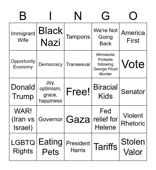 VP Debate Bingo October 1, 2024 Bingo Card