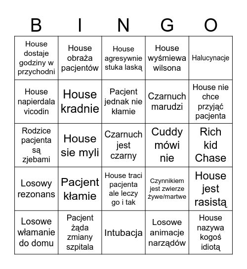 Dr House Bingo Card