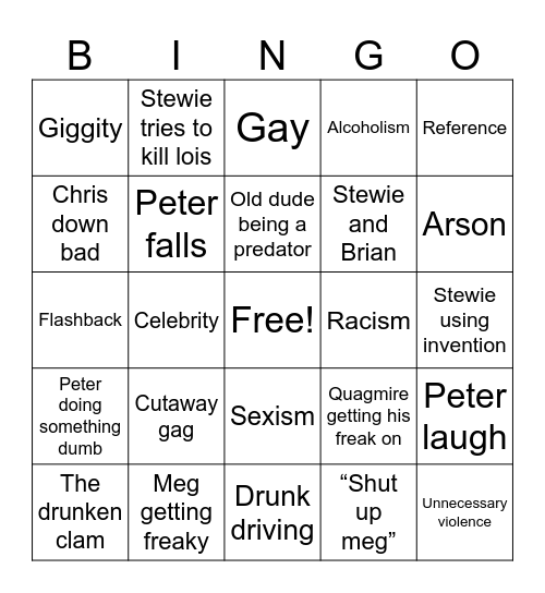 Family Guy Bingo Card