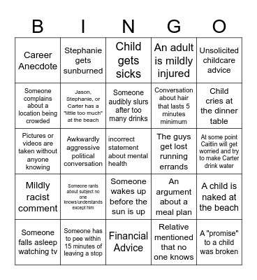 Family Vacation Bingo Card