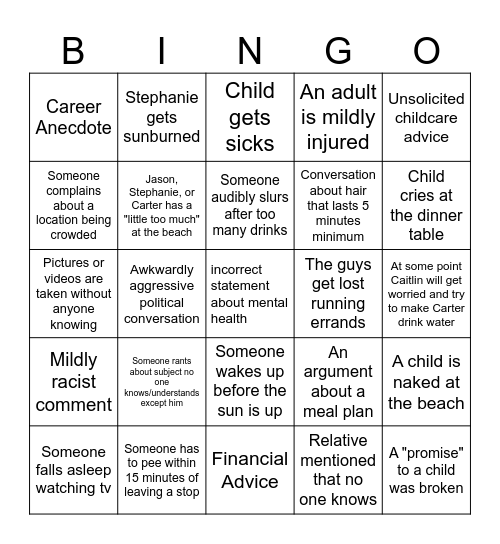 Family Vacation Bingo Card