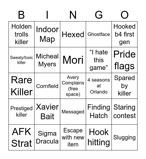 Dbd bingo Card