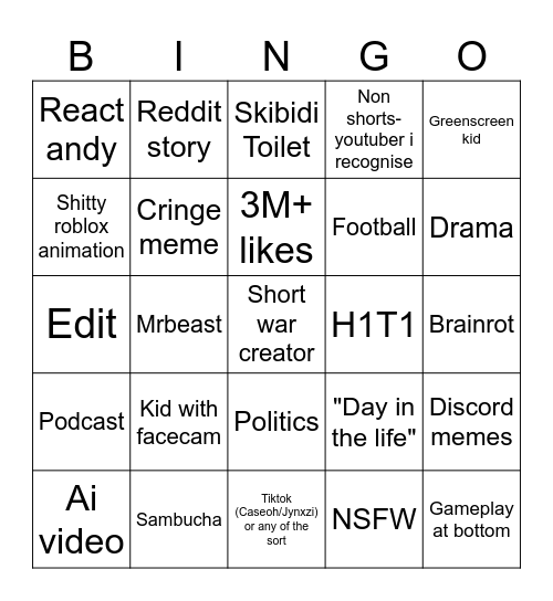 Shorts bingo Card