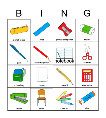 School supplies Bingo Card