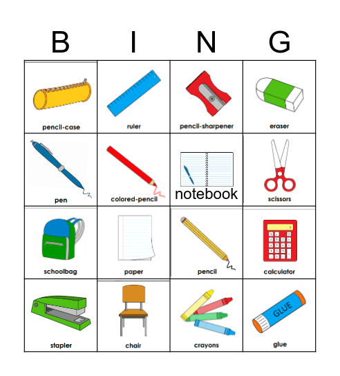 School supplies Bingo Card