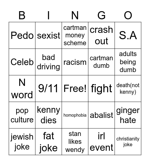 south park Bingo Card