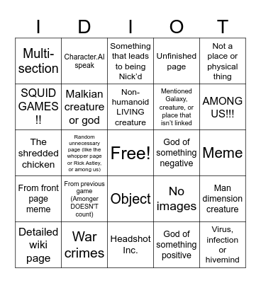 N_Idiot Bingo Card