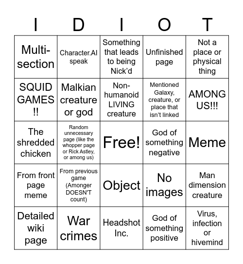 N_Idiot Bingo Card