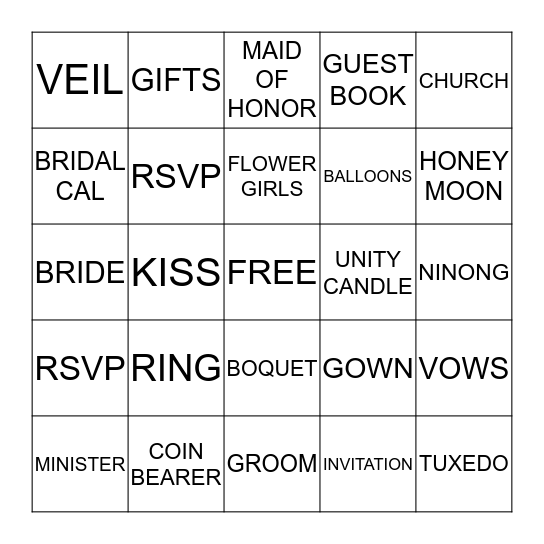 WEDDING SHOWER Bingo Card