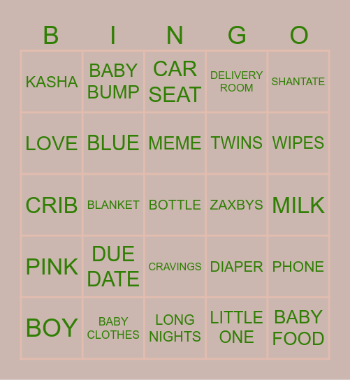 Gender Reveal Bingo Card