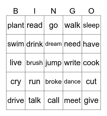 ACCTIONS VERBS Bingo Card